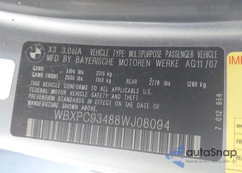 2008 BMW X3 3.0Si from USA, damaged, VIN WBXPC93488WJ08094